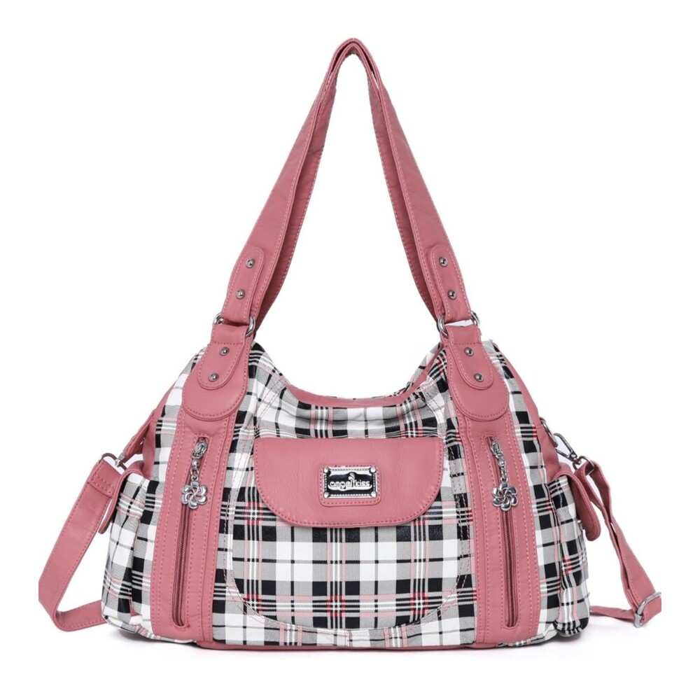 Angel Kiss Pink Plaid Vegan Leather Hobo Satchel Shoulder Bag